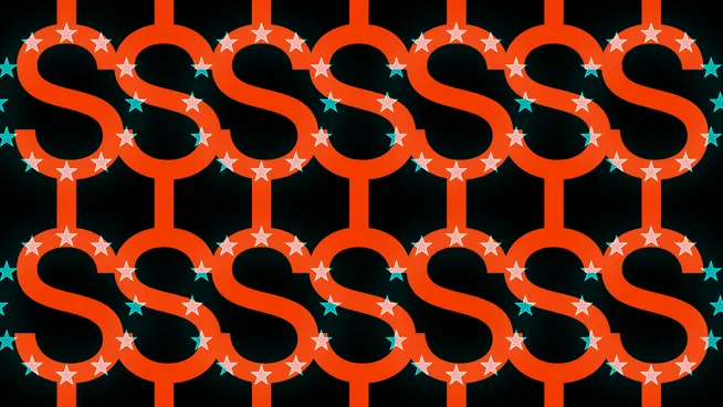 A repeating pattern of the letter S and stars in orange and teal on a black background.