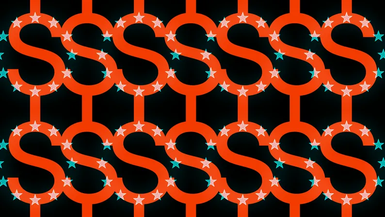 A repeating pattern of the letter S and stars in orange and teal on a black background.