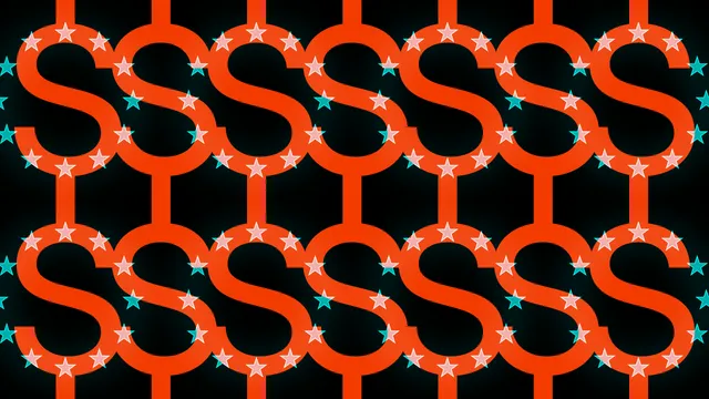 A repeating pattern of the letter S and stars in orange and teal on a black background.