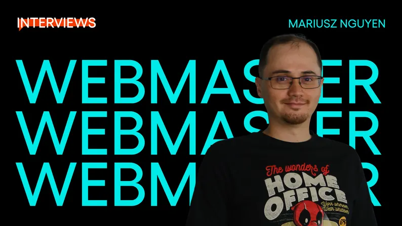 Okładka wywiadu z napisem "Webmaster" i zdjęciem Mariusza Nguyena w koszulce z napisem "The wonders of Home Office".