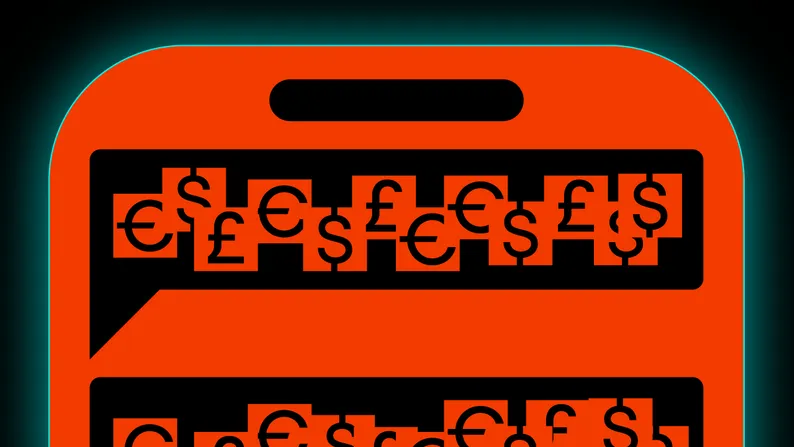 A phone screen shows chat bubbles filled with overlapping currency symbols: euro, dollar and pound.