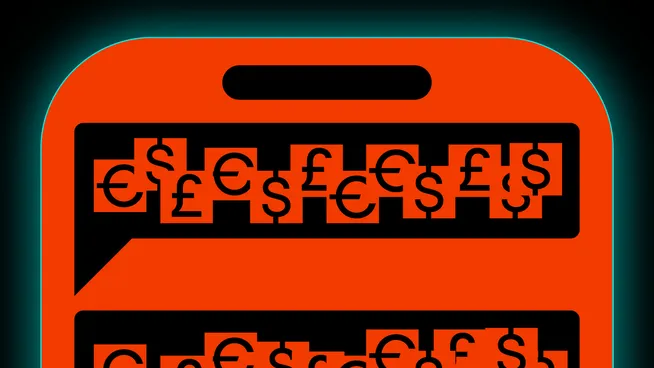 A phone screen shows chat bubbles filled with overlapping currency symbols: euro, dollar and pound.