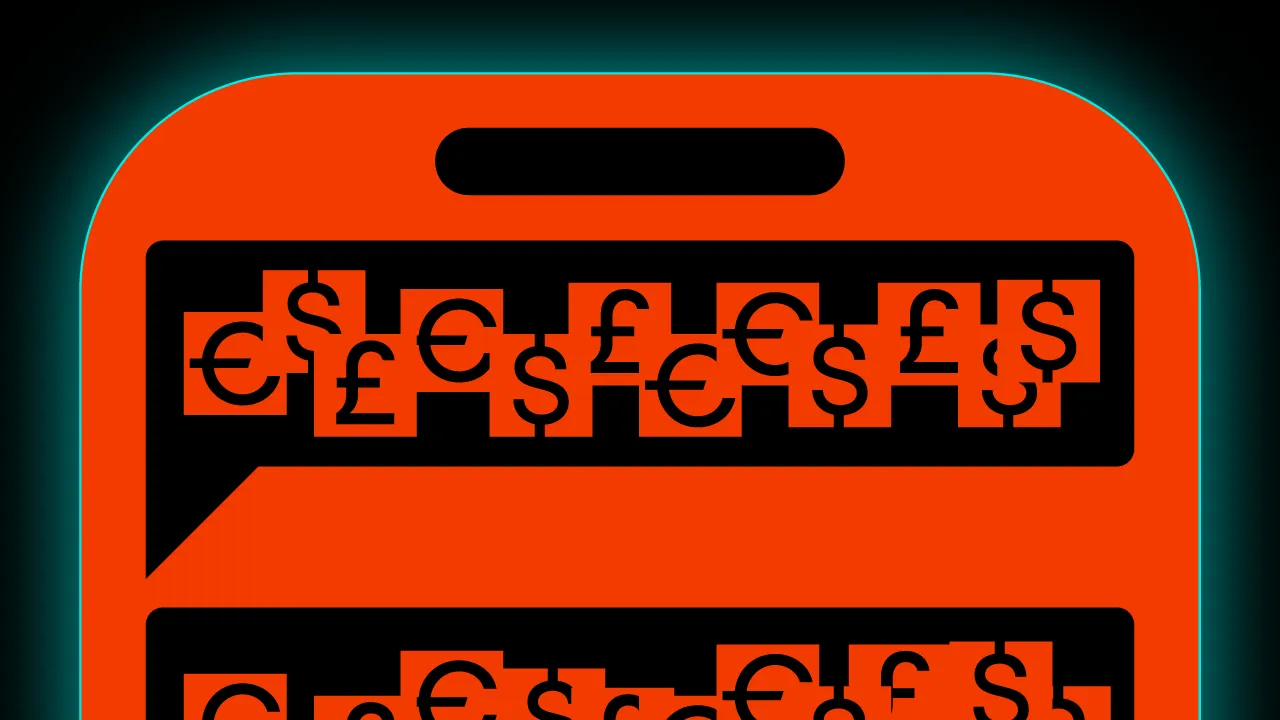 A phone screen shows chat bubbles filled with overlapping currency symbols: euro, dollar and pound.