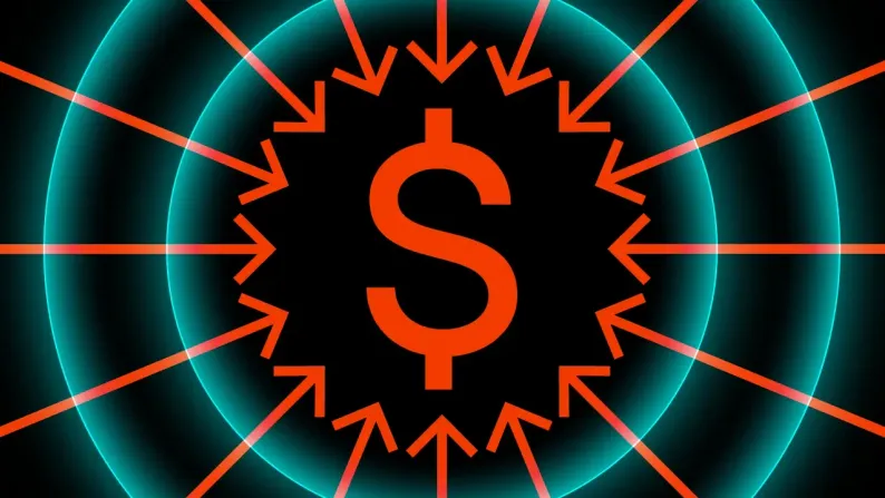 Orange arrows converge from all directions onto a dollar sign inside a teal ring, on black.