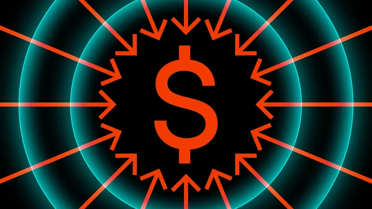 Orange arrows converge from all directions onto a dollar sign inside a teal ring, on black.