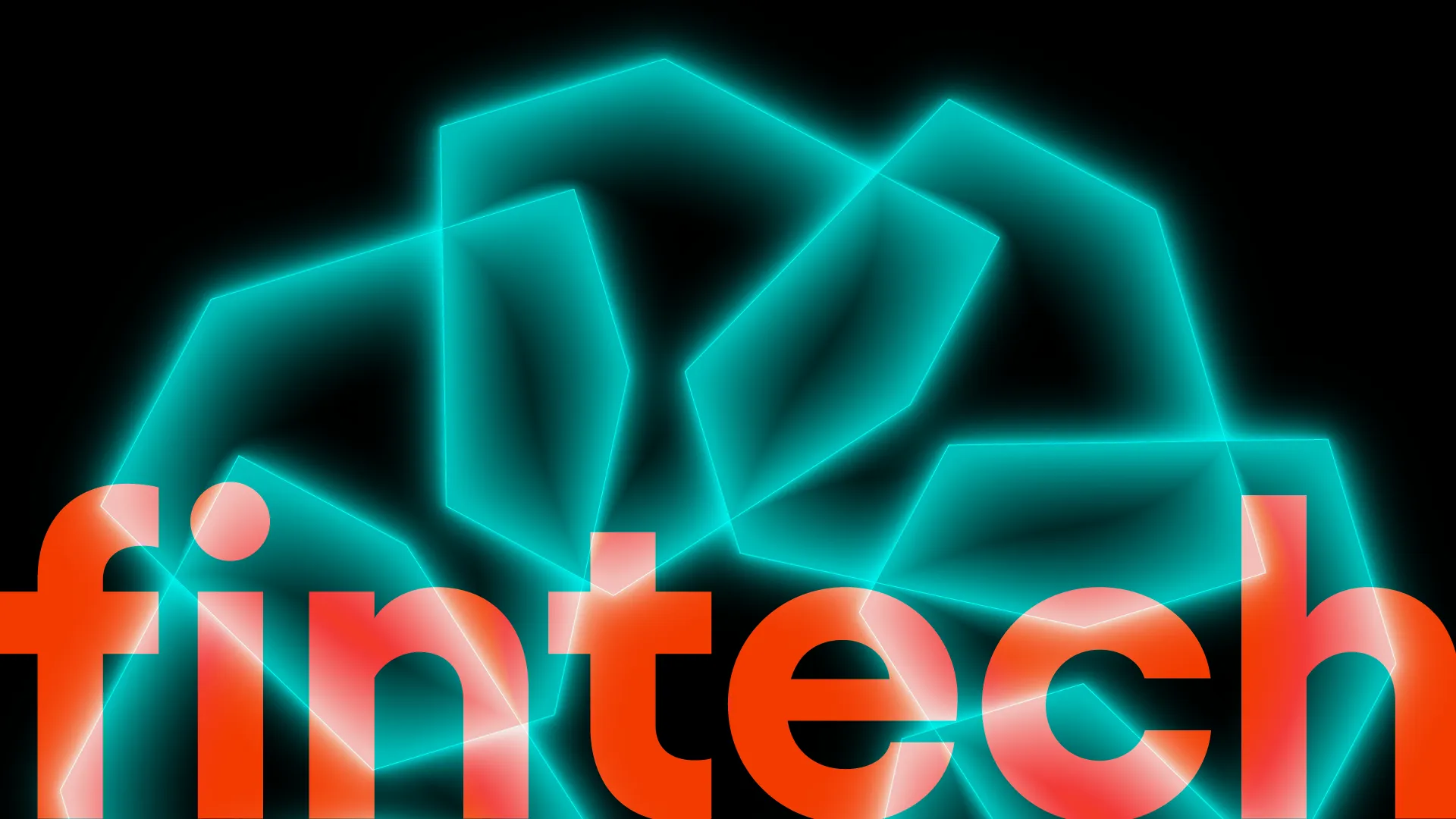 Glowing teal geometric shapes above the word "fintech" in orange.