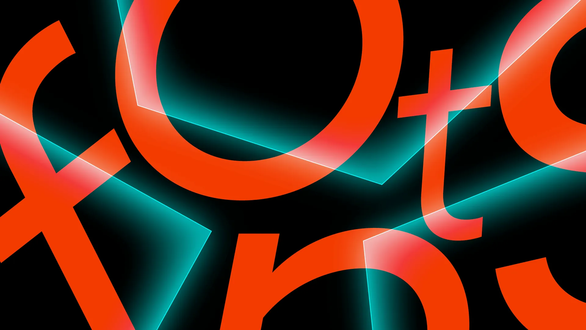 Close-up of large orange letterforms with glowing teal outlines, evoking abstract typography.