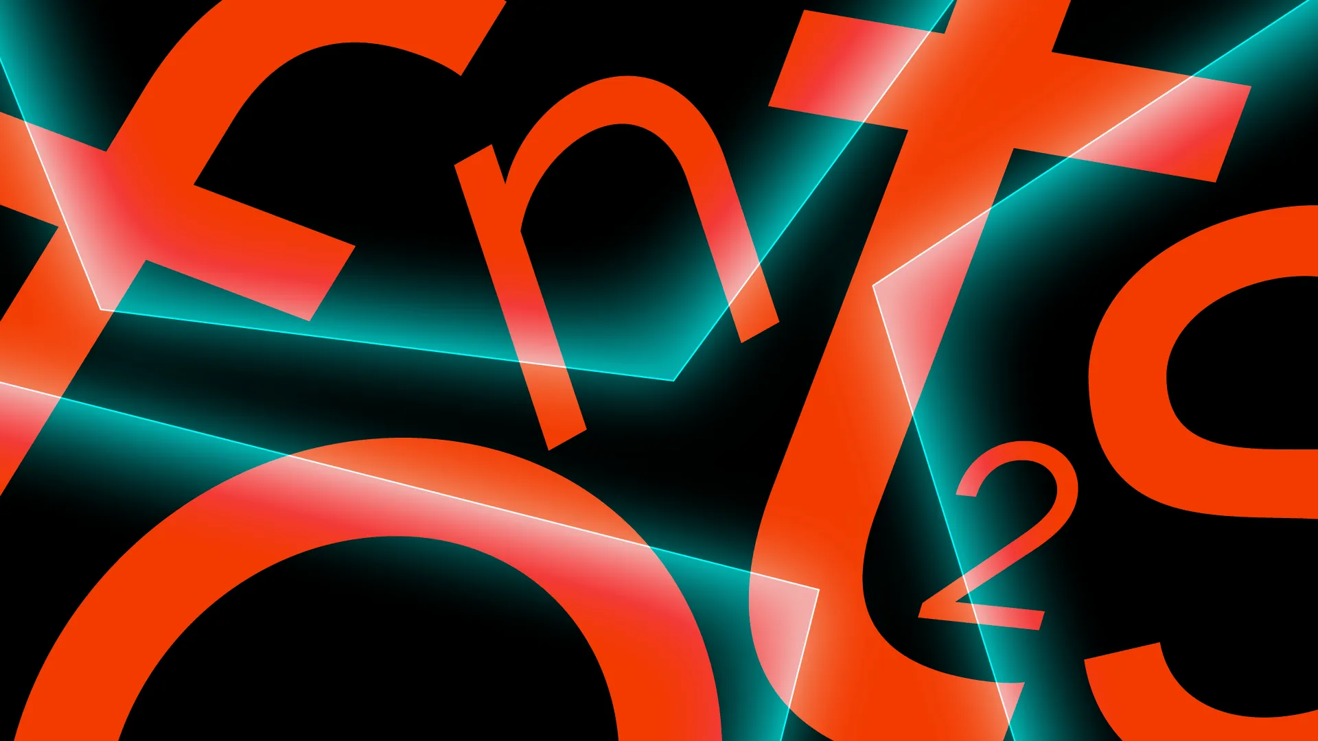 Large overlapping orange letters spelling "fonts" with the number 2, lit by teal glowing beams on black.