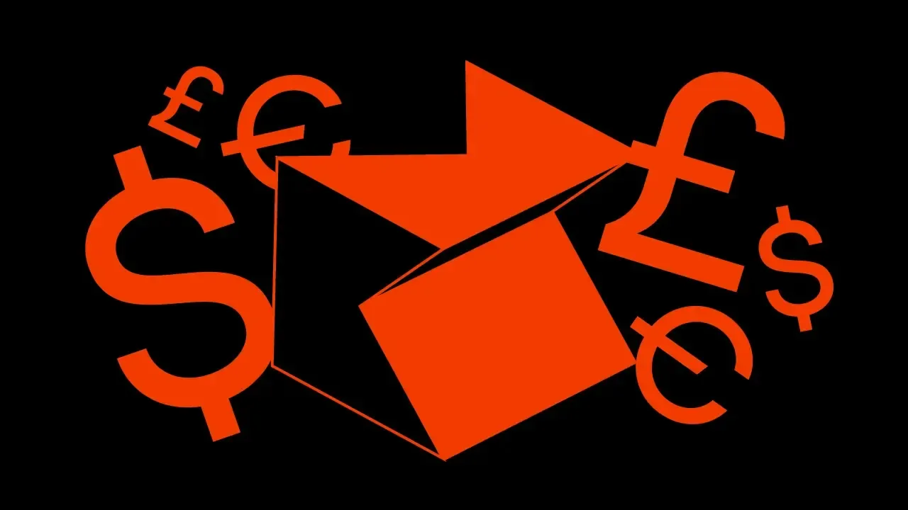 Illustration of dollar, pound, and euro symbols in orange around a folded arrow shape, on a black background.