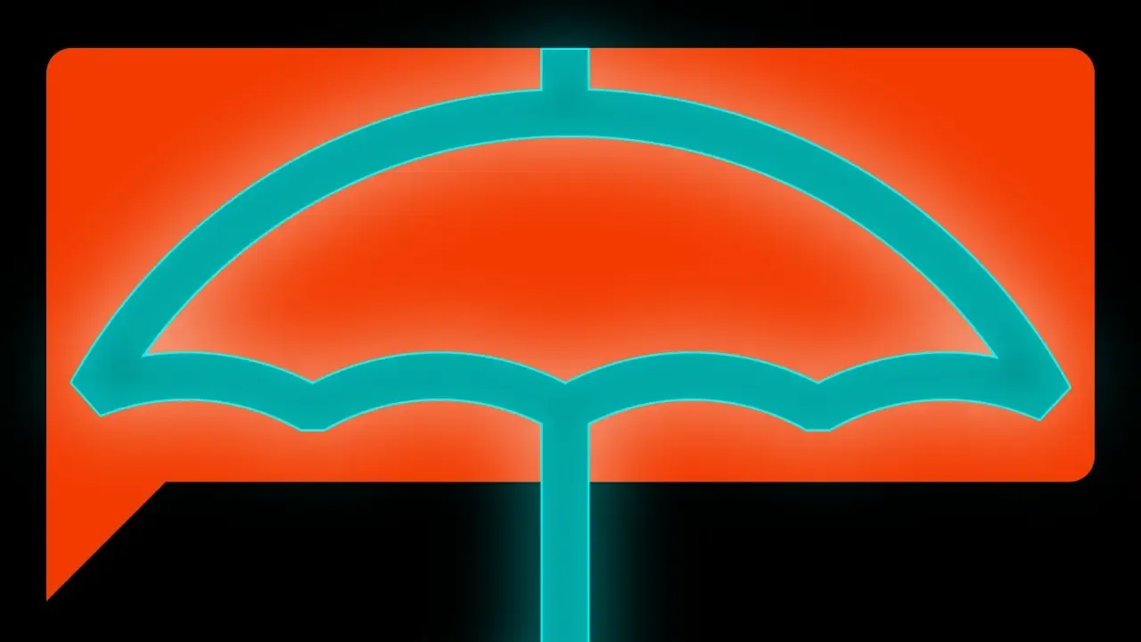 An umbrella icon inside a speech bubble, symbolising an insurance chatbot.