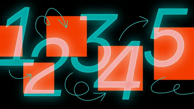 Illustration of the numbers one through five in teal and pink, linked by curved arrows, over orange squares on black.