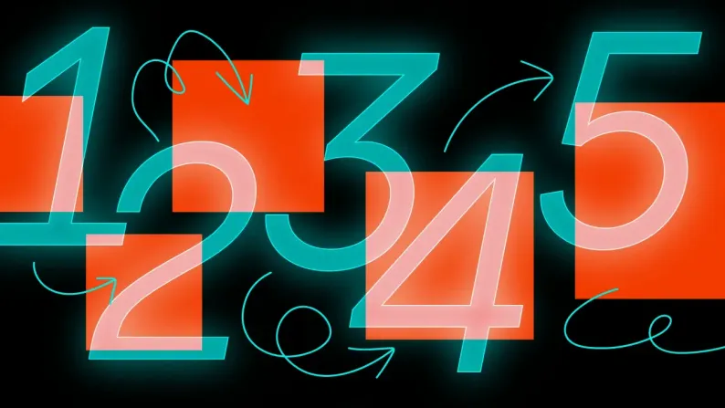 Illustration of the numbers one through five in teal and pink, linked by curved arrows, over orange squares on black.