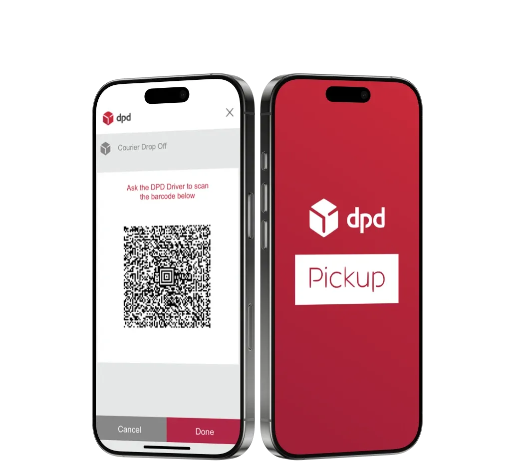 Dwa telefony z aplikacją DPD: ekran z kodem QR do zeskanowania przez kuriera oraz ekran startowy z napisem "Pickup".