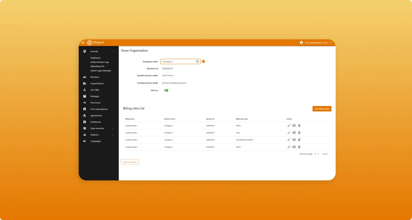Screenshot of the Midgard admin panel showing organisation settings and a billing information list with several entries.