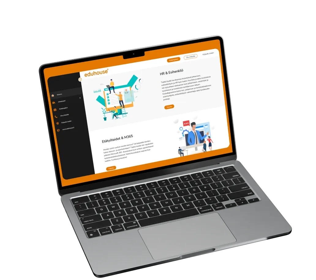 A laptop showing the Eduhouse website with an HR section, orange buttons and illustrations of people at work.