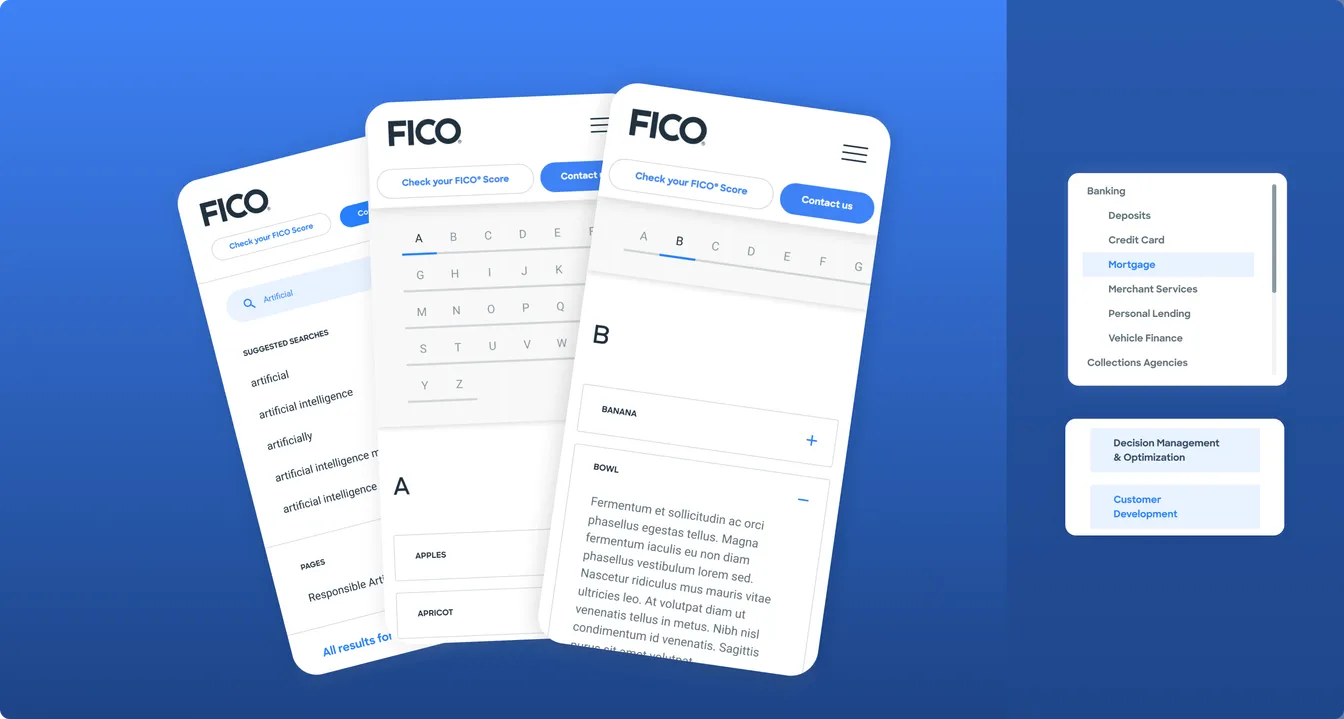 Trzy ekrany strony FICO z wynikami wyszukiwania, stroną z treścią w stylu FAQ oraz menu nawigacji dla kategorii Banking i Decision Management.