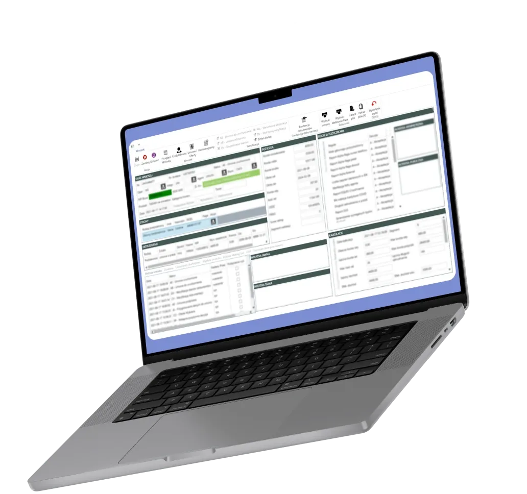 Laptop displaying a Polish-language loan management dashboard with client data, documents and a change log panel.