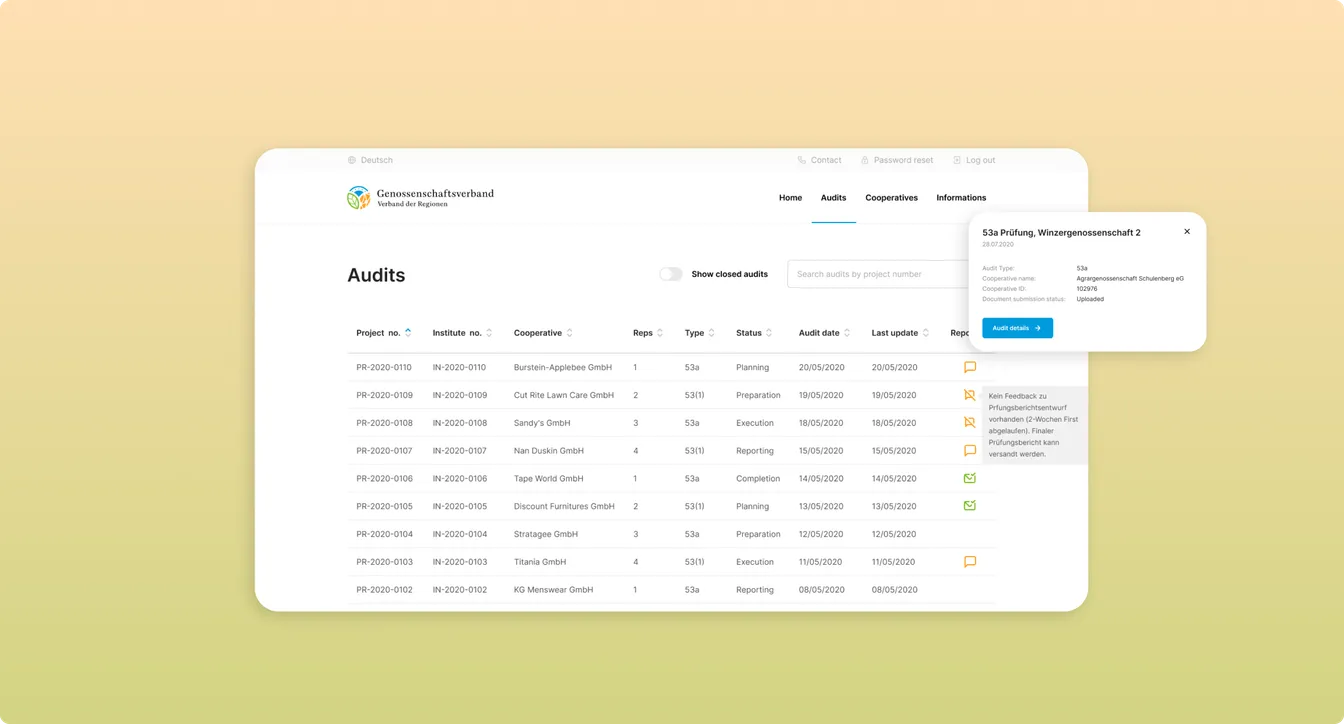 Ekrany platformy do zarządzania audytami Genossenschaftsverband z listą audytów według numeru projektu, spółdzielni i statusu oraz wyskakującym okienkiem ze szczegółami audytu.
