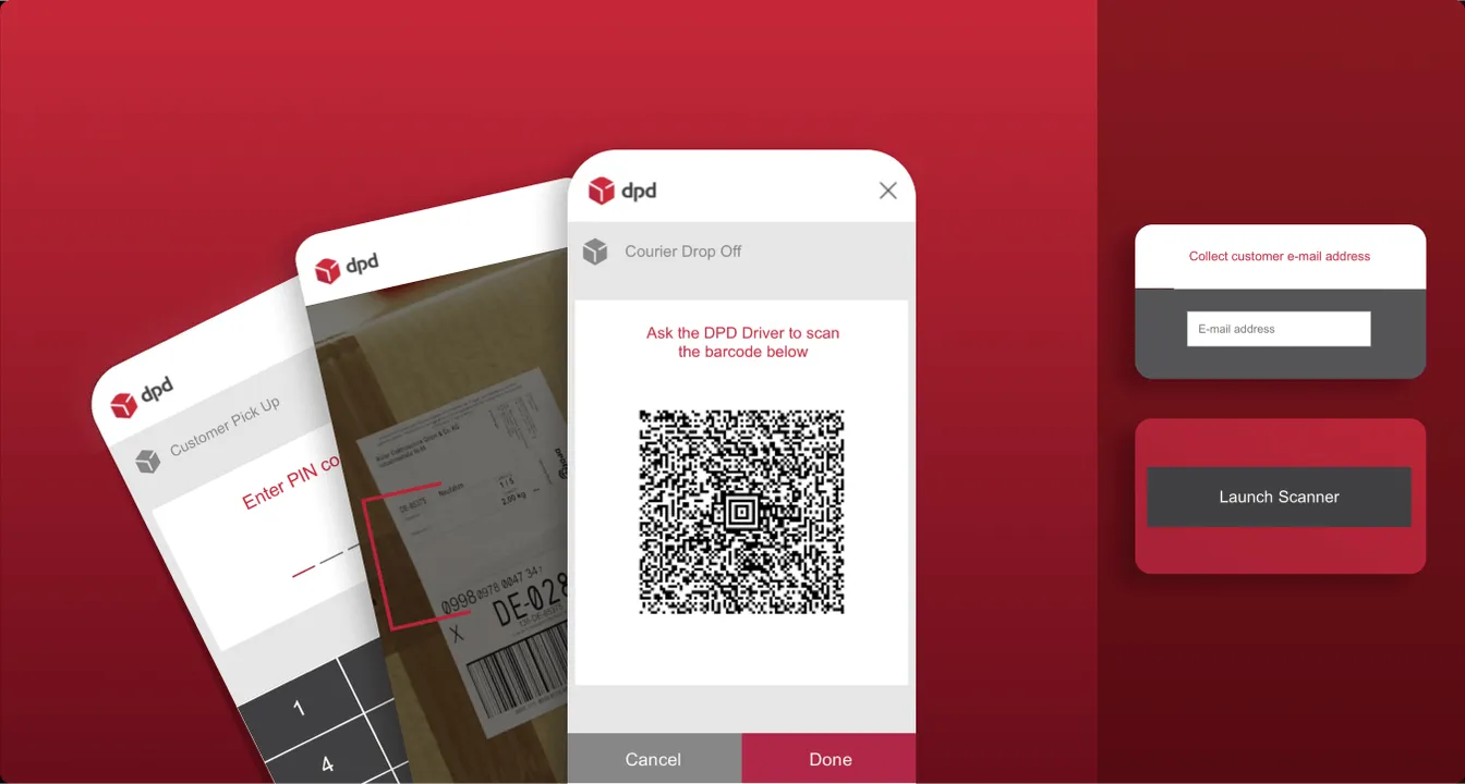 Ekrany aplikacji DPD do paczkomatów: odbiór kodem PIN, oddanie paczki kurierowi z kodem QR oraz panel zbierania adresu e-mail z przyciskiem "Launch Scanner".