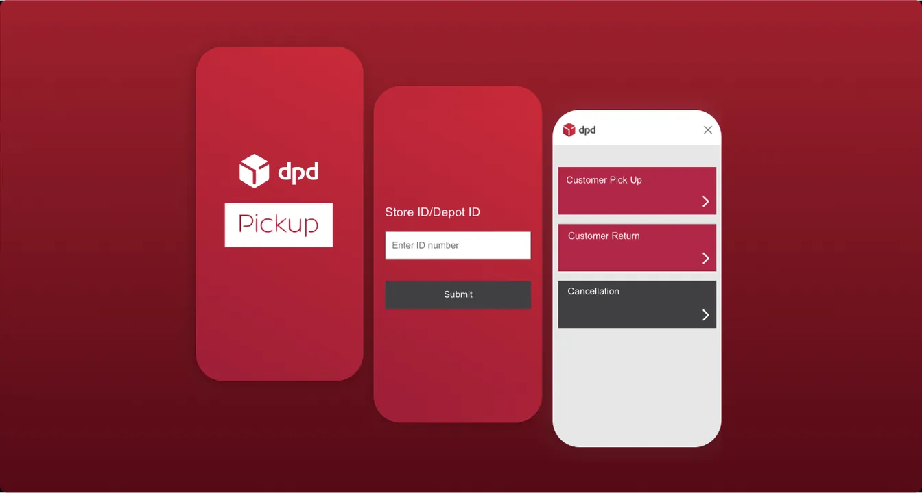 Ekrany aplikacji DPD Pickup z ekranem logowania numerem ID depotu oraz menu z opcjami Customer Pick Up, Customer Return i Cancellation.