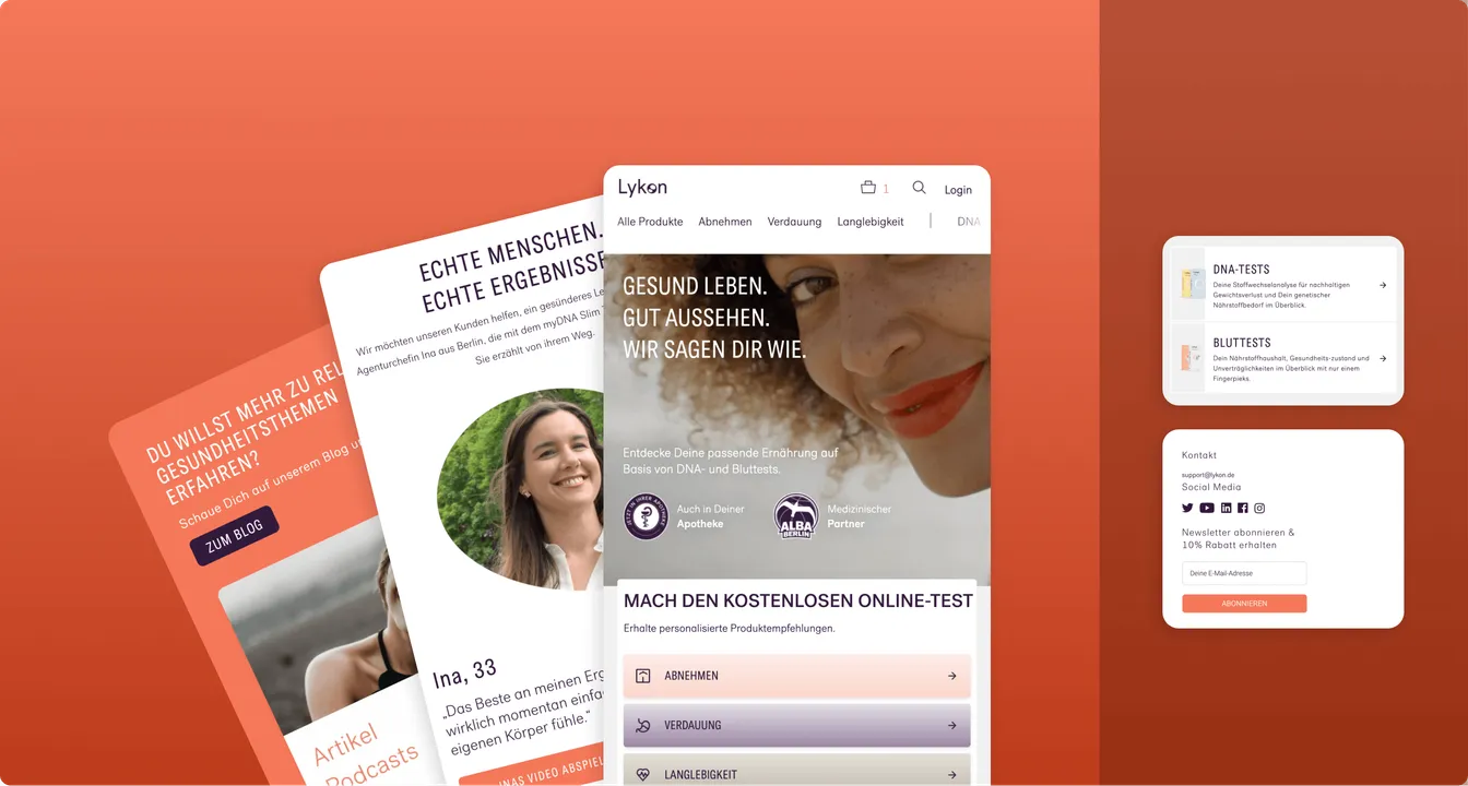Ekrany serwisu Lykon z podstronami produktów testów DNA i krwi, opinią klientki oraz artykułami na blogu, na pomarańczowym gradientowym tle.