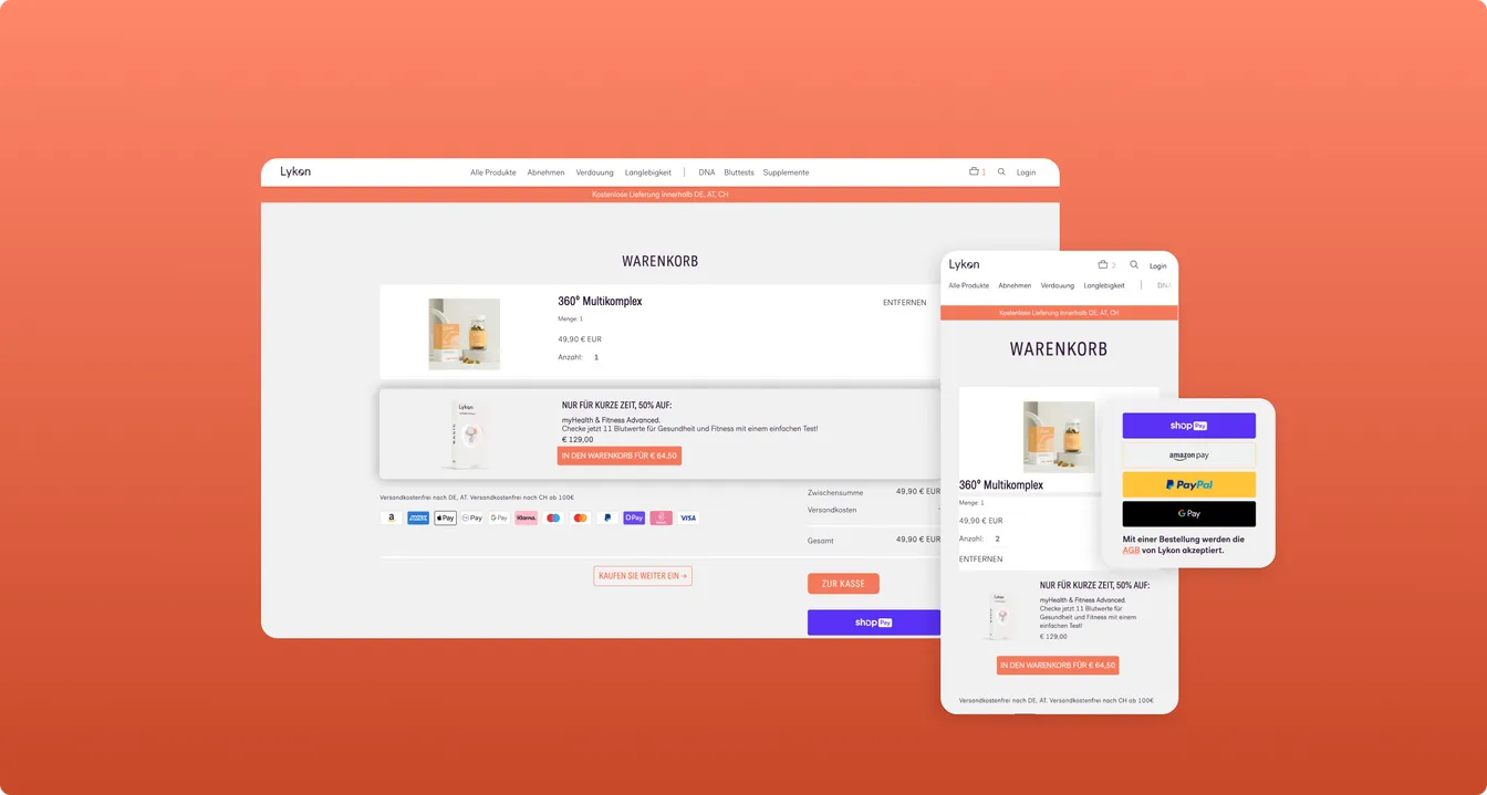 Ekrany sklepu internetowego Lykon z niemieckojęzycznym koszykiem z produktem 360 Multikomplex i opcjami płatności.