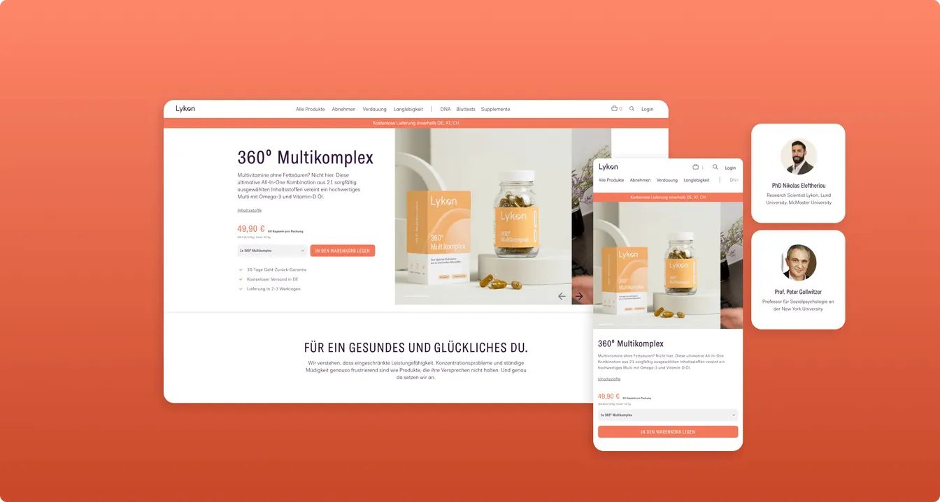 Zrzuty strony sklepu Lykon ze stroną produktu "360° Multikomplex" oraz kartami dwóch ekspertów naukowych firmy.