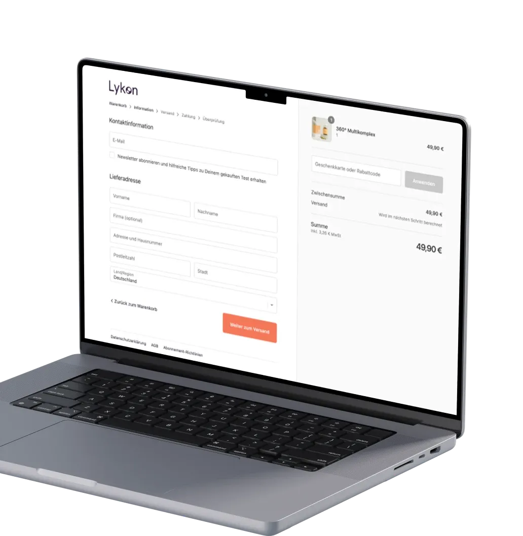 Laptop z ekranem koszyka Lykon po niemiecku, z polami kontaktowymi i adresem dostawy oraz produktem "360 Multikomplex" w cenie 49,90 euro.