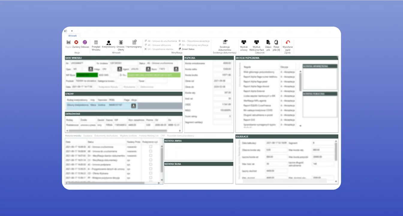Screenshot of a loan management desktop application on a purple gradient background, showing panels for application data, loan decision, employment details and calculations.