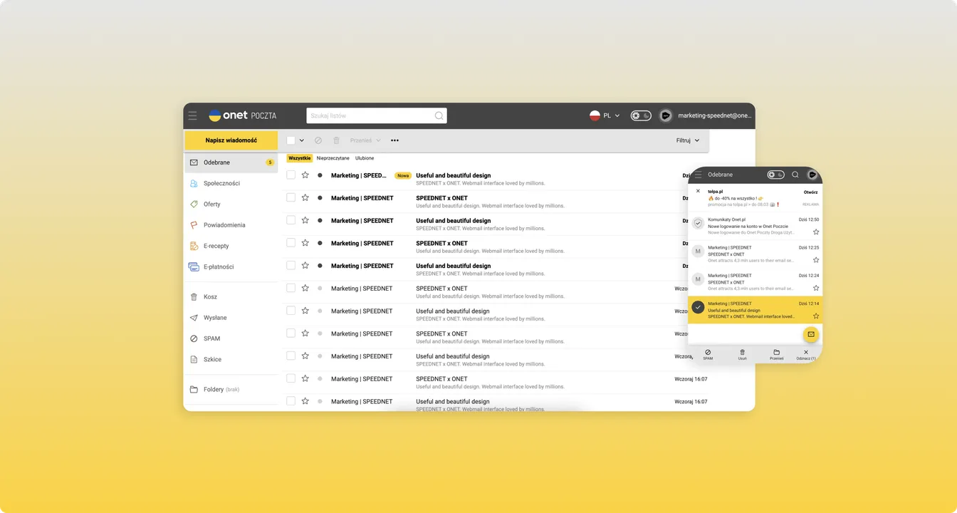 Zrzut ekranu skrzynki Onet Poczta z listą maili "Marketing | Speednet" o temacie "Useful and beautiful design" oraz otwartym panelem powiadomień.