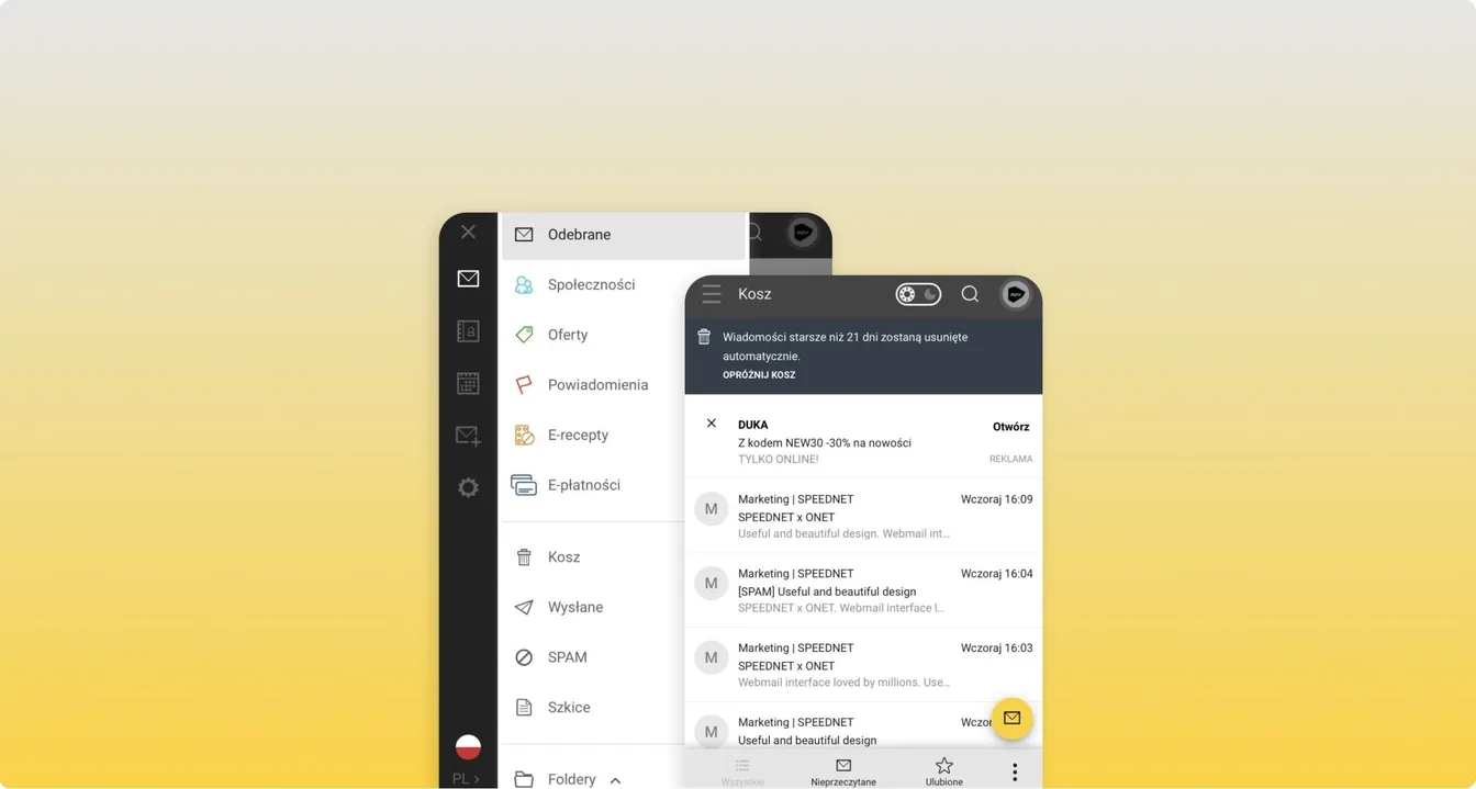 Ekrany aplikacji Onet Poczta w trybie ciemnym z folderami i listą wiadomości e-mail, w tym newsletterami od Speednet.