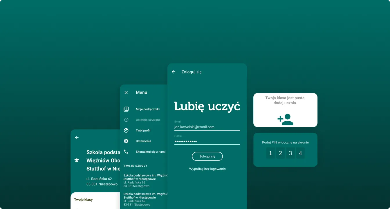 Zestaw ekranów aplikacji mobilnej dla nauczycieli: logowanie z hasłem "Lubię uczyć", lista szkół, menu ustawień i panel z kodem PIN do zajęć.