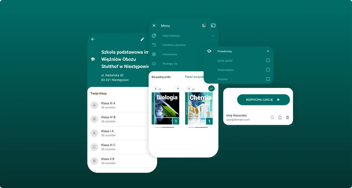 Screens of a school app showing class lists, a menu and an e-book library with textbooks such as Biologia and Chemia.