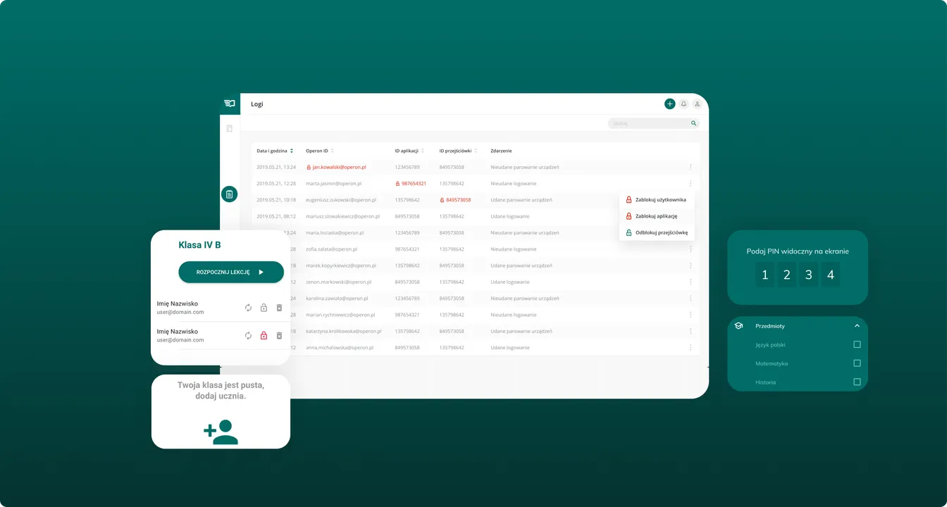 Screens of the Operon platform showing an activity log table, a class list and a PIN entry panel, on a teal background.