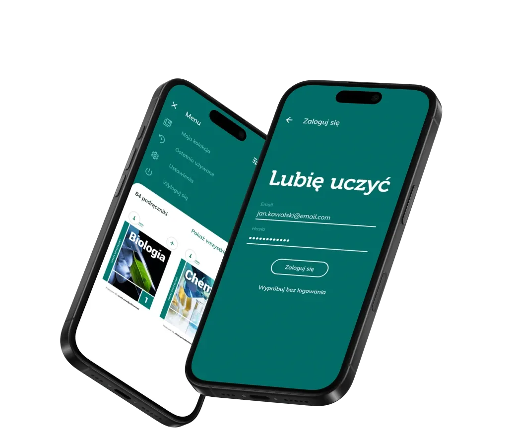 Two phone screens of the "Lubie uczyc" app: a teal login screen and a menu listing textbooks such as Biologia and Chemia.