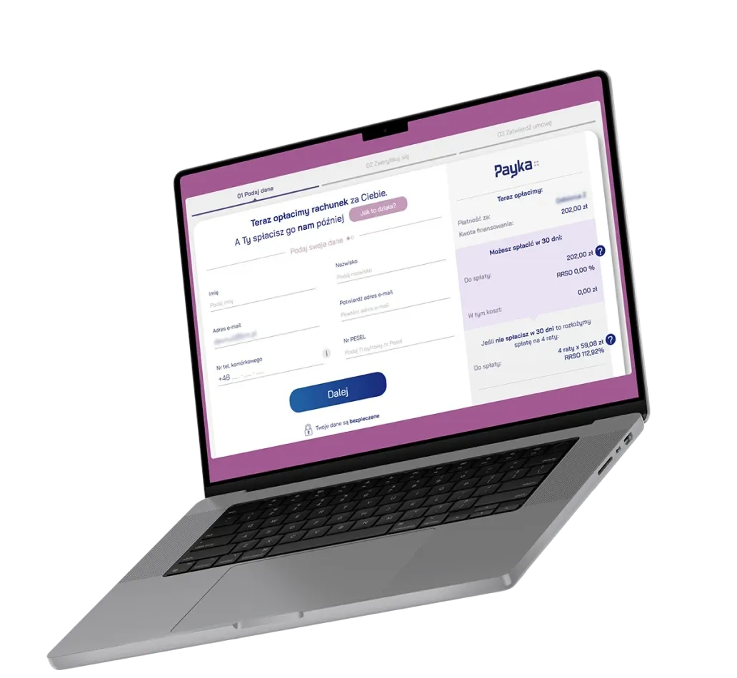 Laptop displaying the Payka buy now, pay later checkout screen with a payment form and repayment schedule.