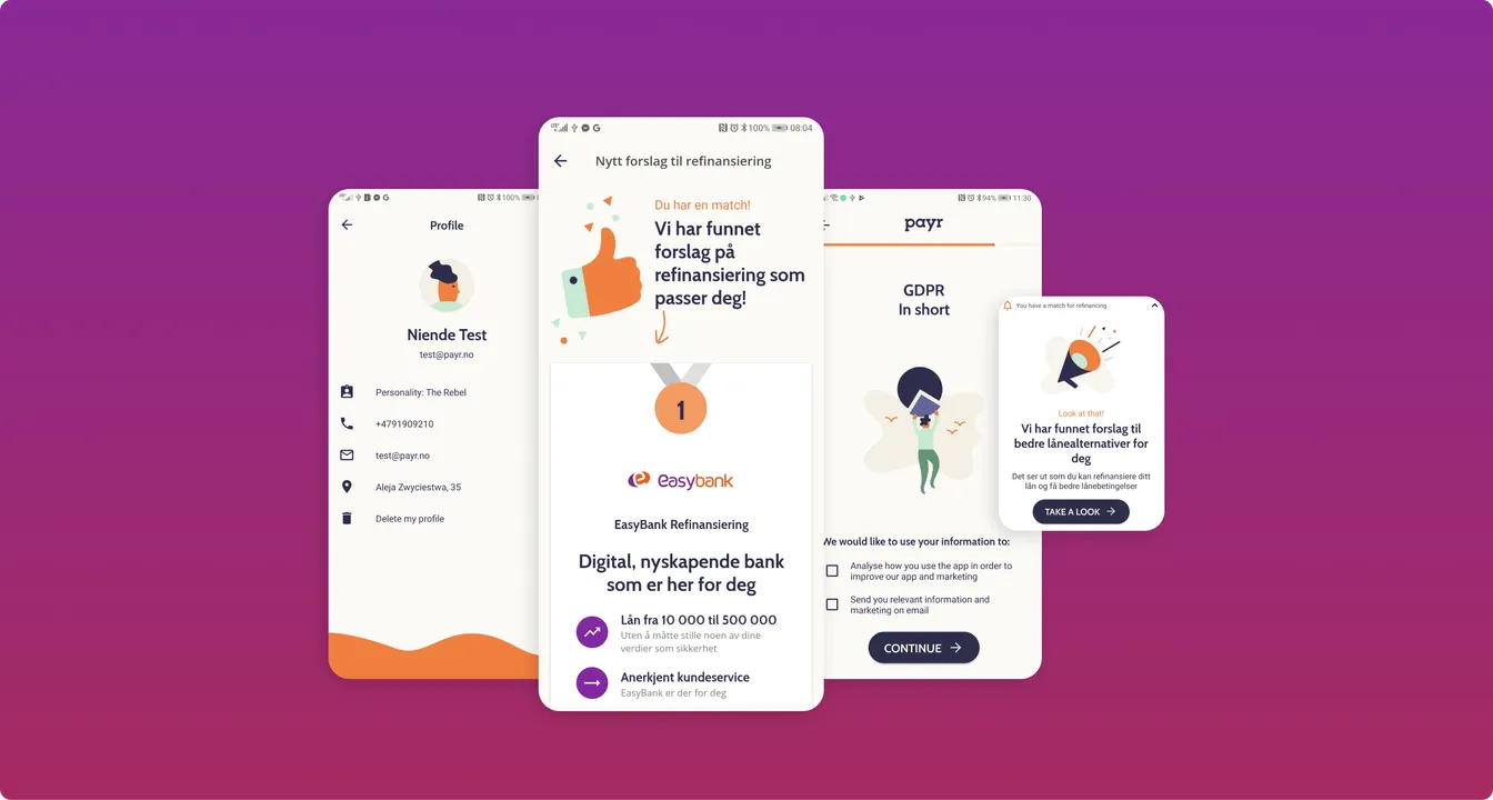Four screens of the Payr mobile app in Norwegian: a user profile, a refinancing offer from EasyBank, and a GDPR consent screen.