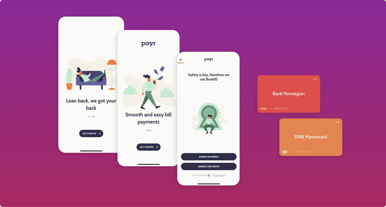 Three onboarding screens of the Payr app promoting easy bill payments and BankID login, next to Bank Norwegian and DNB payment cards.