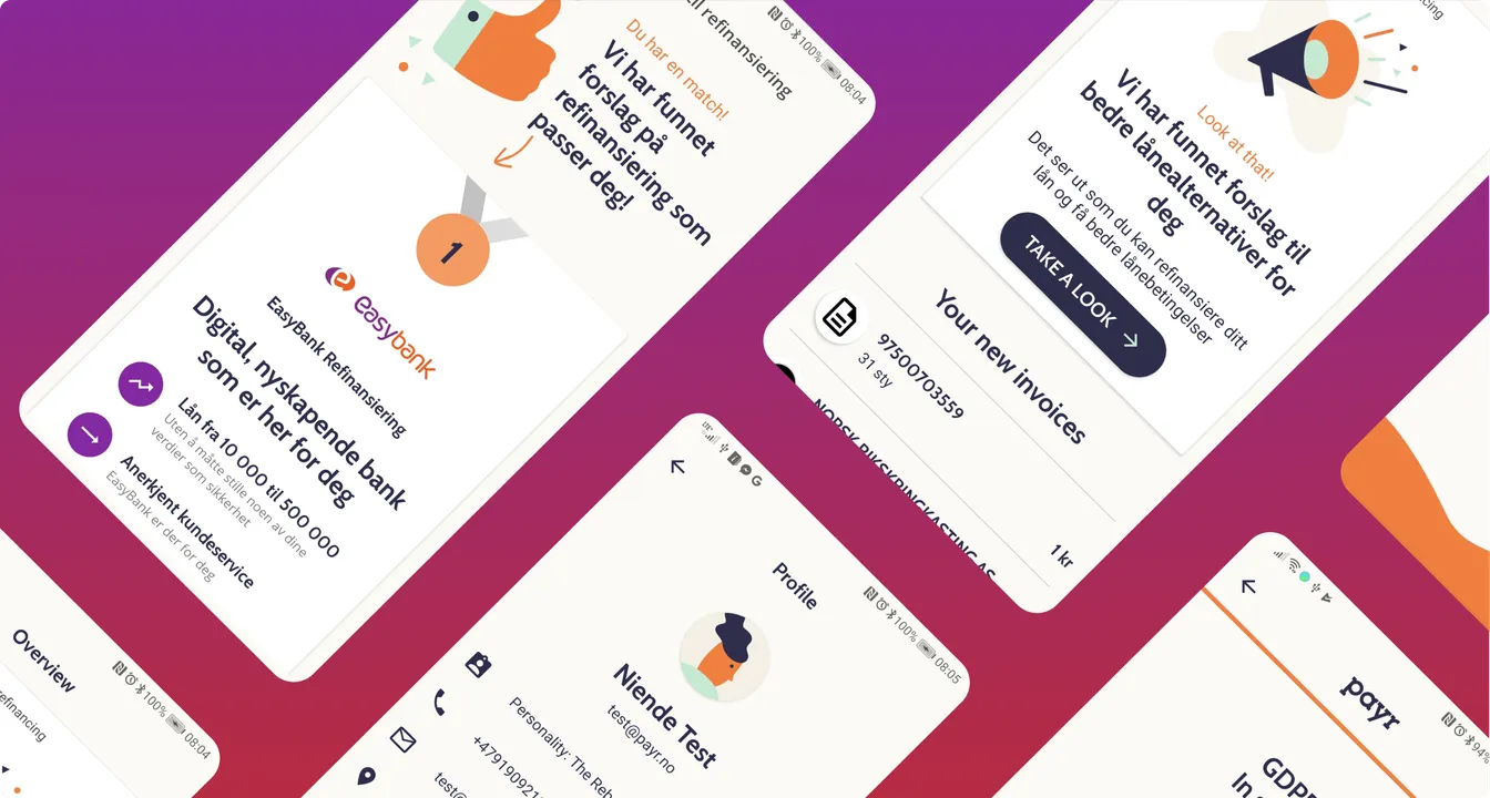 Screens of the Payr mobile app showing a refinancing offer notification, a new invoices list and a user profile page, in Norwegian.