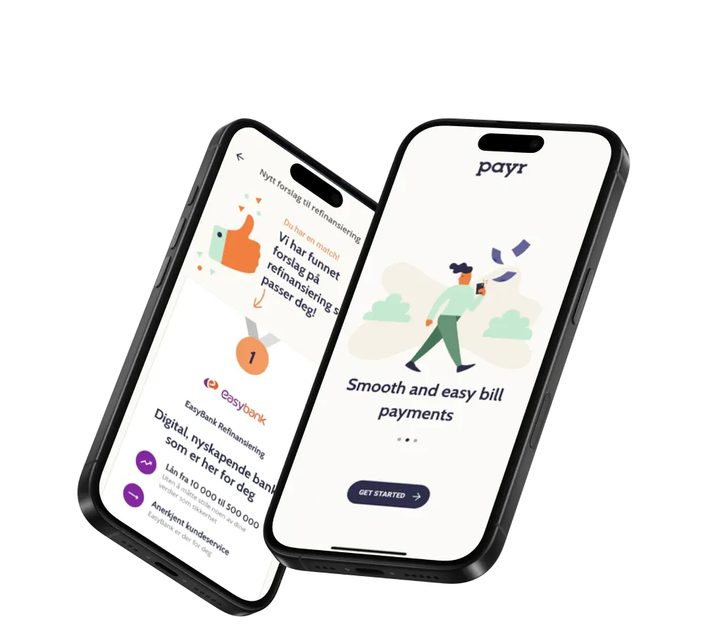 Two screens of the Payr mobile app: an onboarding screen reading "Smooth and easy bill payments" and a refinancing offer suggestion from EasyBank.