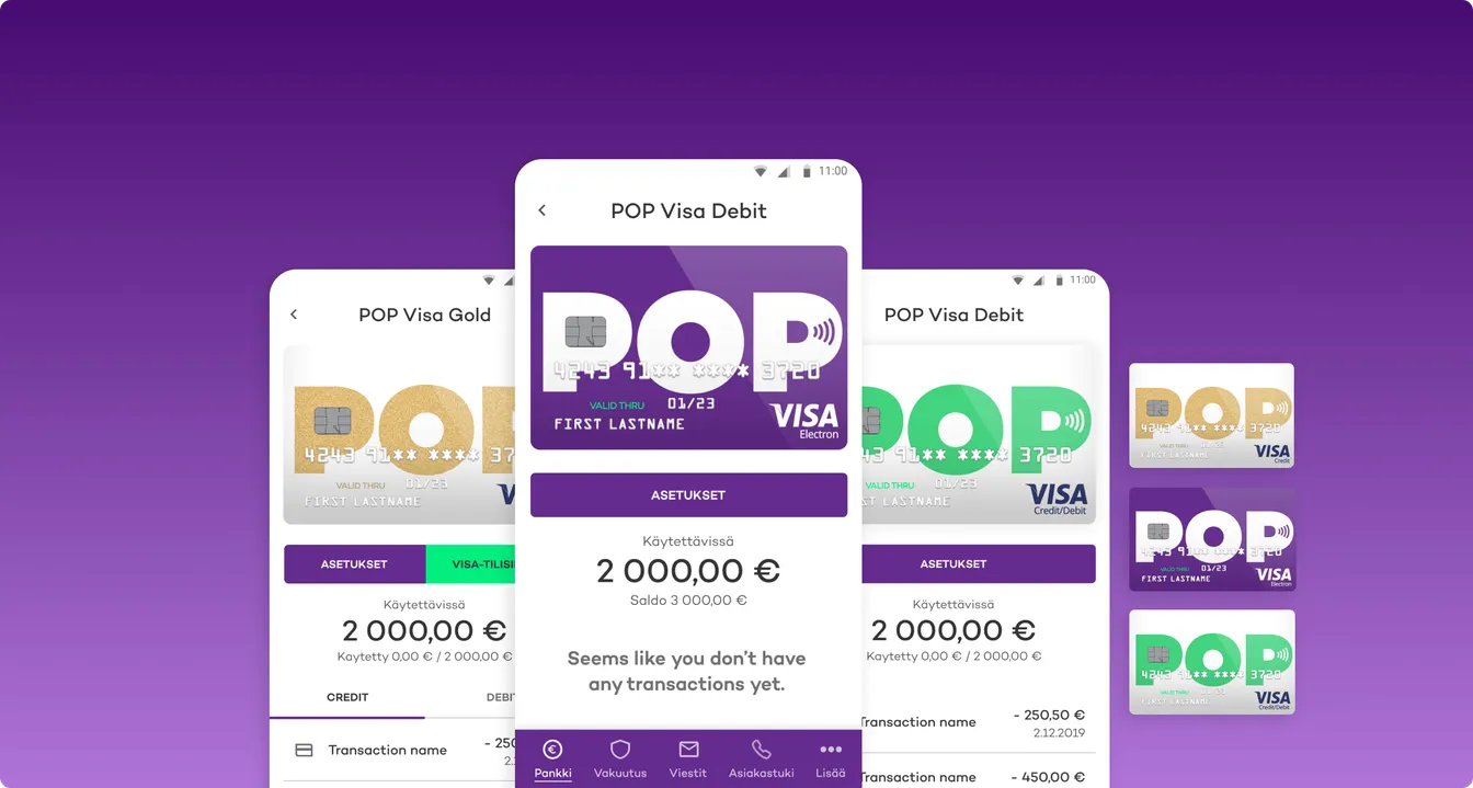 Ekrany aplikacji mobilnej POP Pankki z kartami POP Visa Gold i POP Visa Debit, saldem 2000,00 euro i listą transakcji.