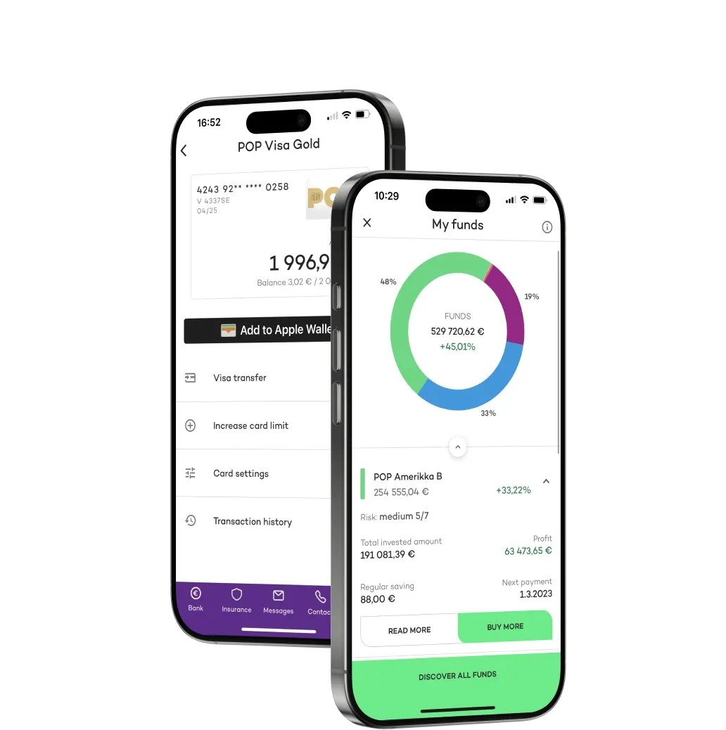 Dwa ekrany aplikacji mobilnej POP Pankki: karta Visa Gold z saldem oraz podgląd funduszy z kolorowym wykresem, sumą środków i szczegółami inwestycji.