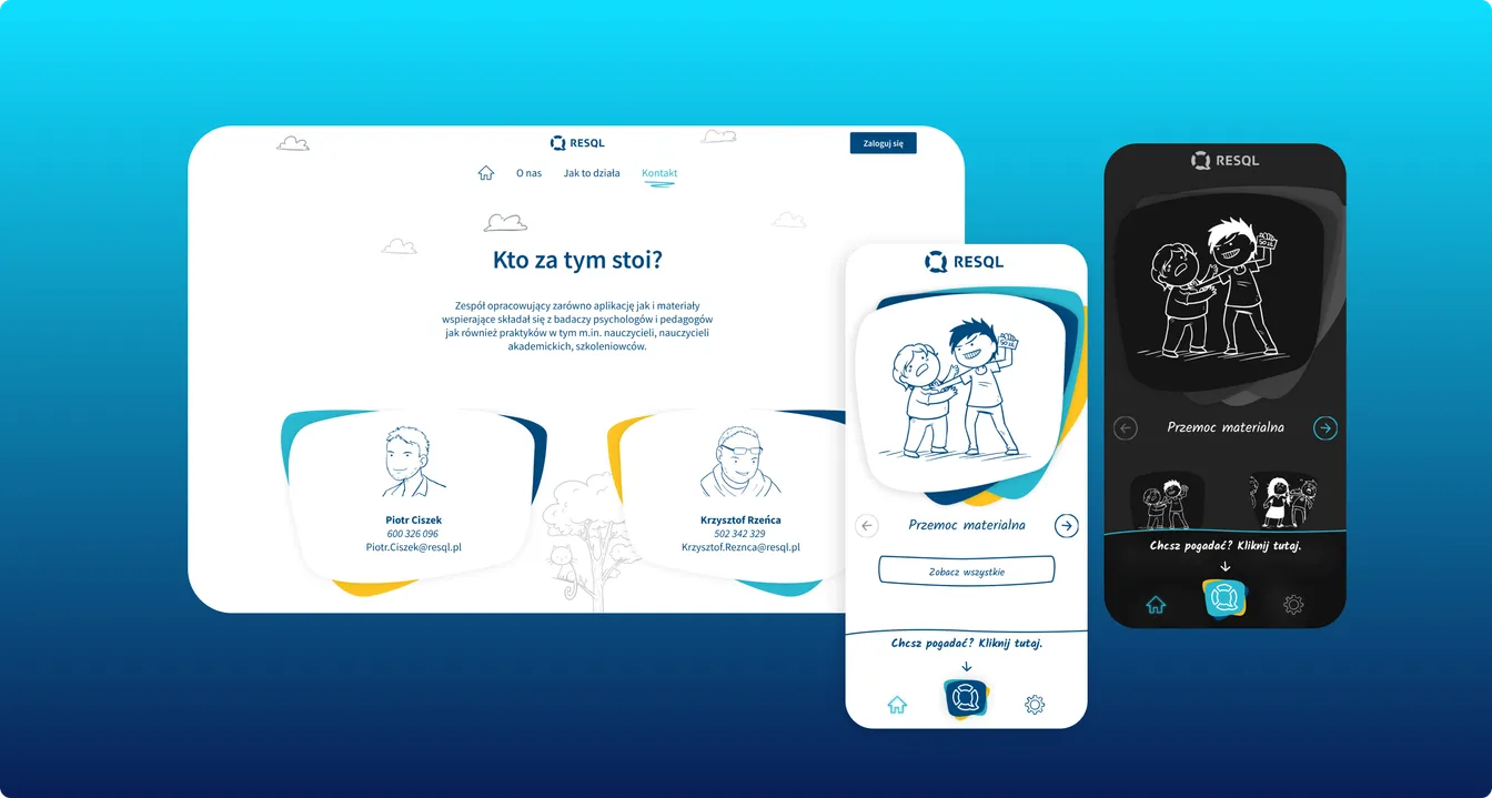 A desktop screen and two phones with the RESQL app: a team page with two contacts and comic-style illustrations about peer violence.