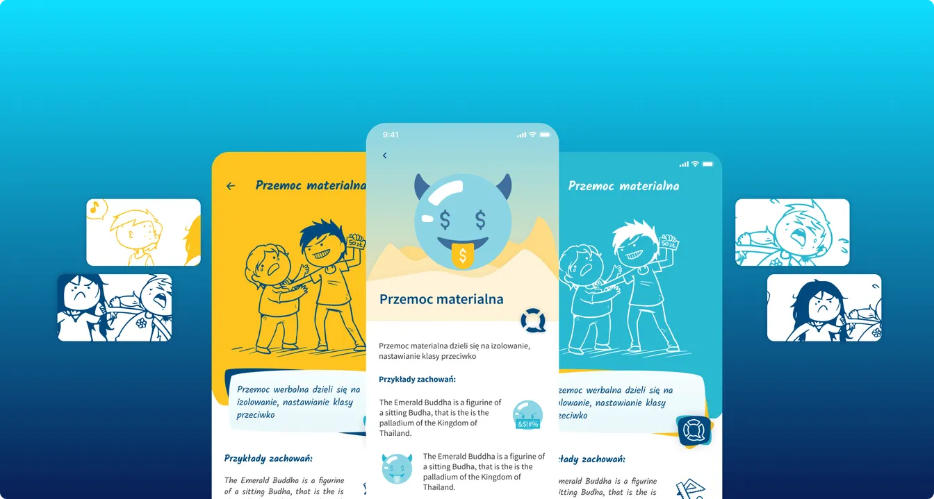 Illustrated app screens about material violence among peers, with cartoon characters and a list of example behaviours.