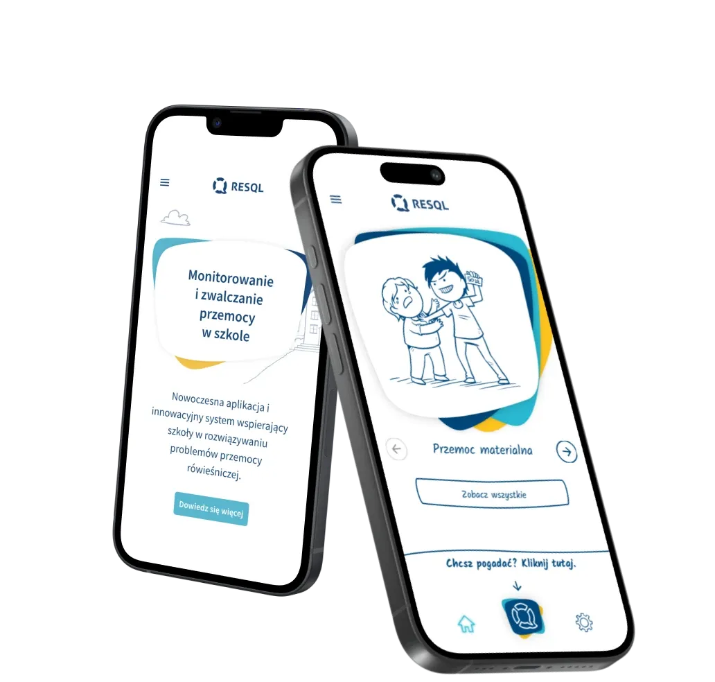 Two phones with the RESQL app: a home screen about monitoring and countering school violence, and an illustration under the "material violence" category.
