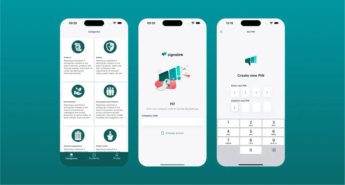 Trzy ekrany aplikacji Signalink: siatka kategorii zgłoszeń, ekran wpisania kodu firmy oraz ekran ustawiania kodu PIN.