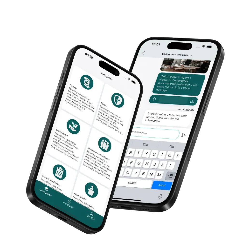 Two phones showing a whistleblowing app: a list of report categories such as finance, safety and environment, and a chat with a submitted report.