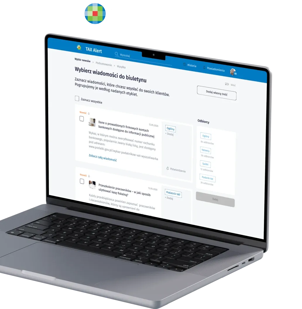 Laptop z platformą TAX Alert i listą wiadomości do wyboru przy tworzeniu biuletynu dla klientów.