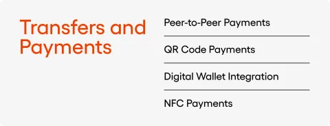 Transfers and Payments - Peer-to-Peer Payments, QR Code Payments, Digital Wallet Integration, NFC Payments