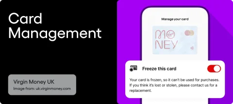 Card Management - Virgin Money UK dashboard "Manage your cards" with pop-up "Freeze this card"